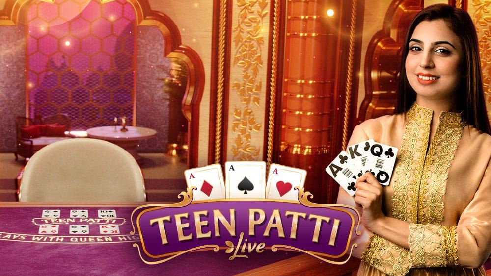 Teen Patti Live key art with the dealer holding cards beside the purple Teen Patti table