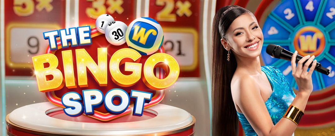 The Bingo Spot key art with the host in a teal dress beside the logo, bingo balls 1 and 30 and a Wild Ball