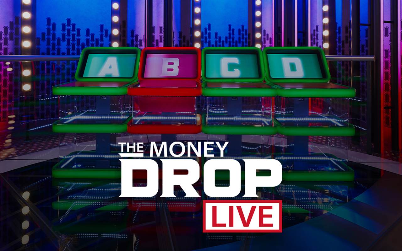 The Money Drop Live logo in front of the four Drop Zone trapdoors A, B, C and D