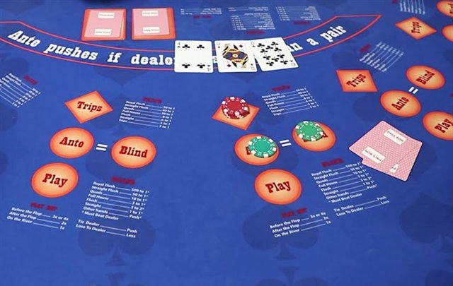 An Ultimate Texas Holdem table showing the Ante, Blind, Play and Trips circles beside the printed bonus paytables and the play bet ladder