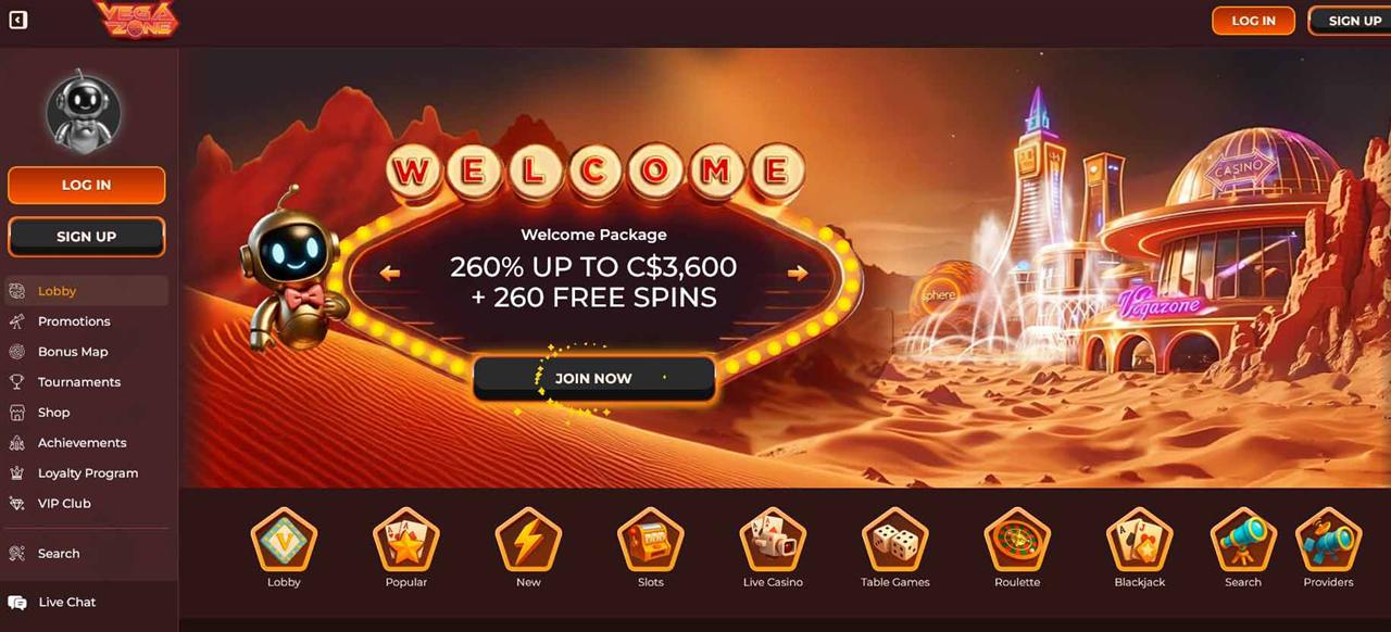 Vegazone Casino lobby with the Mars welcome banner, robot mascot and game category tiles