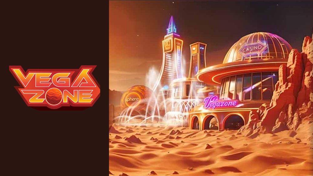 Vegazone Casino logo beside the Mars casino city from the Vegazone lobby art