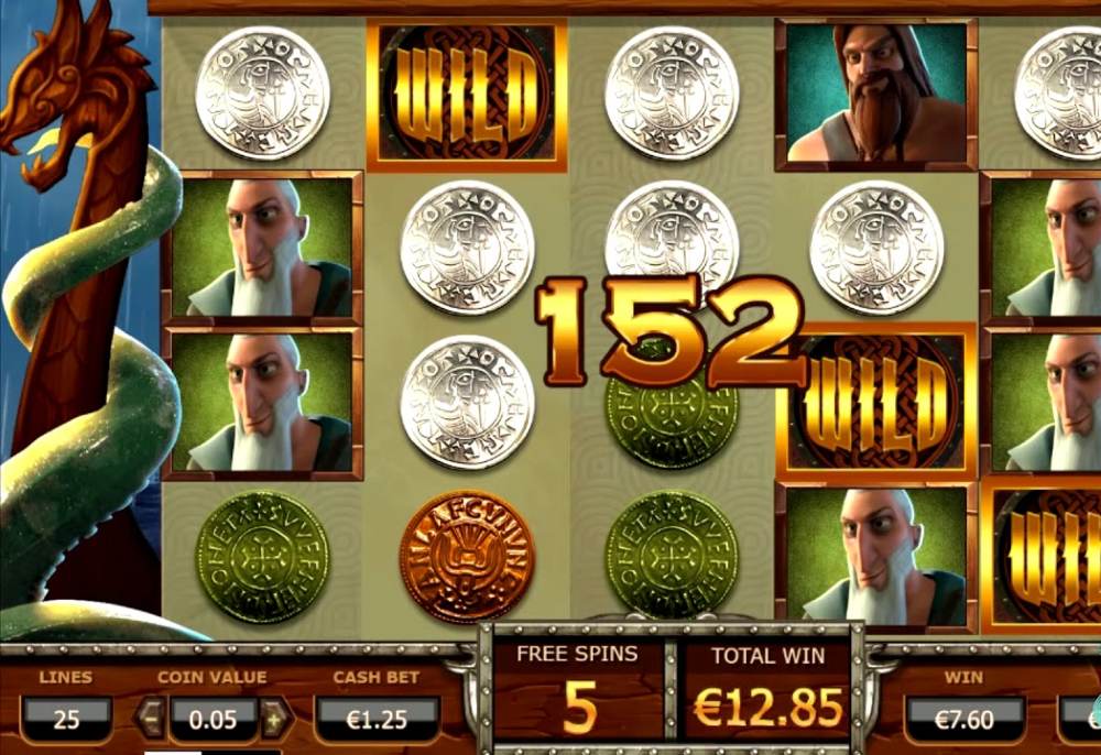 A Viking slot free spins round showing wild symbols and coins beside the free spins and total win counters