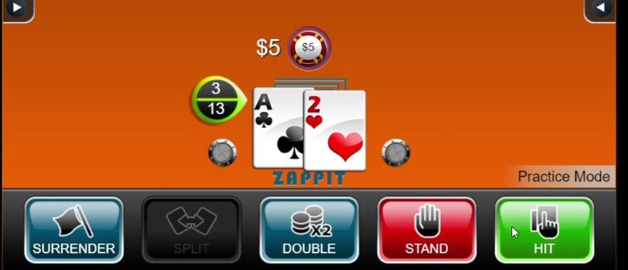 A zappit blackjack software table with the player hand above the Zappit label and the surrender, double, stand and hit buttons