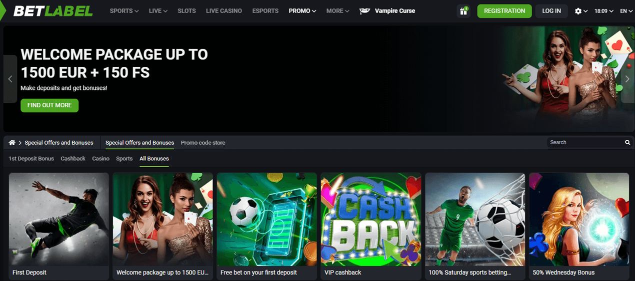 BetLabel promotions page with first deposit bonus and cashback tabs