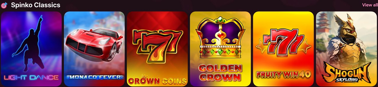 10 free spins no deposit Canada: Spinko casino Spinko Classics slot row with Crown Coins, Golden Crown and Fruity Win 40