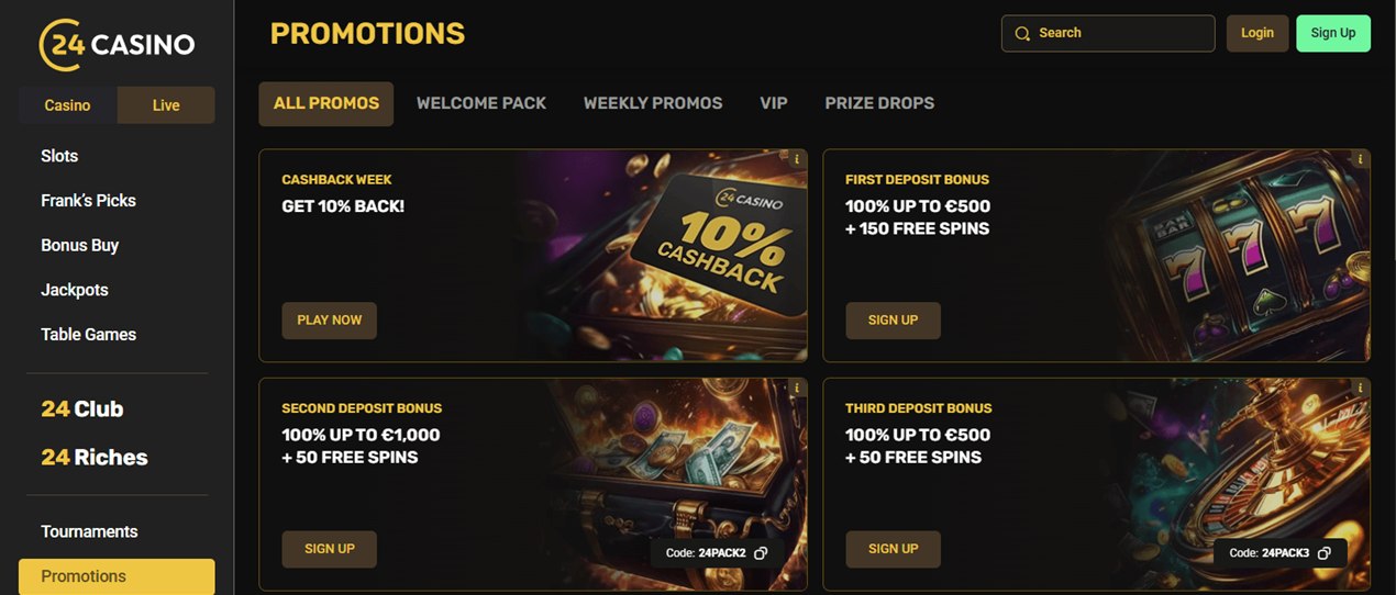 24Casino promotions page with first, second and third deposit bonuses