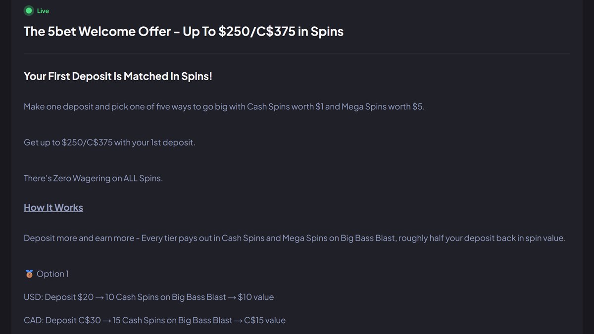 15 dollar deposit casino Canada: 5bet welcome offer page listing first deposit tiers, including a C$30 deposit for 15 cash spins