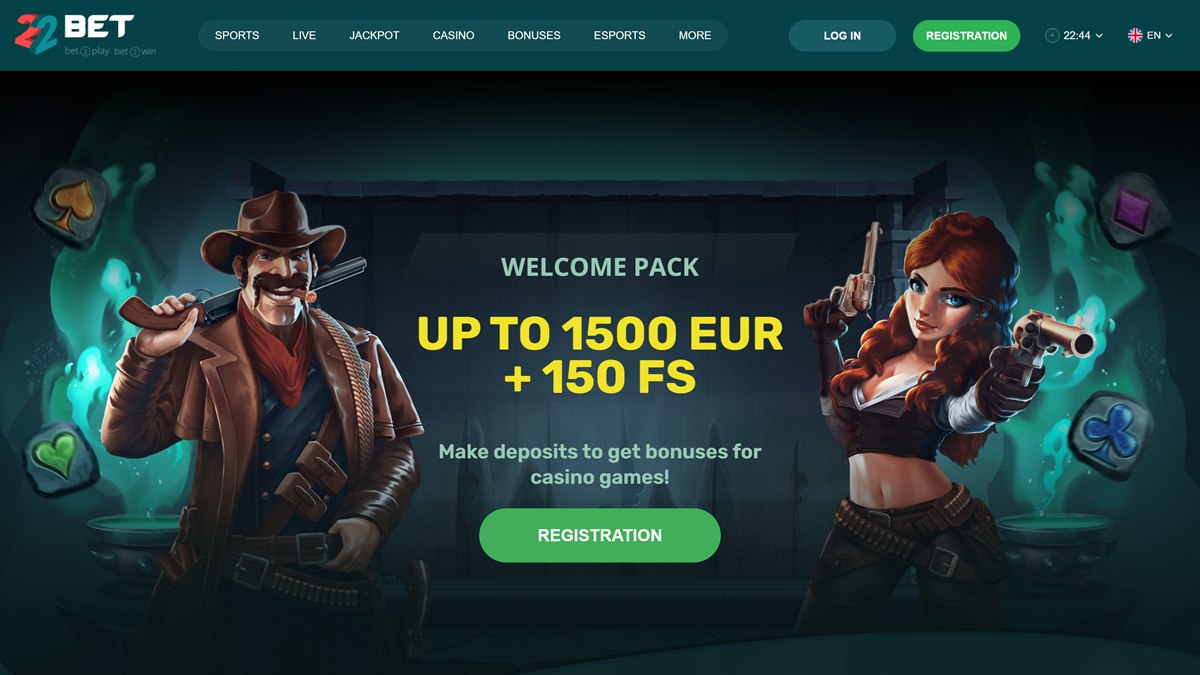 150 free spins no deposit Canada: 22Bet casino welcome pack banner offering up to 1500 EUR plus 150 free spins over deposits