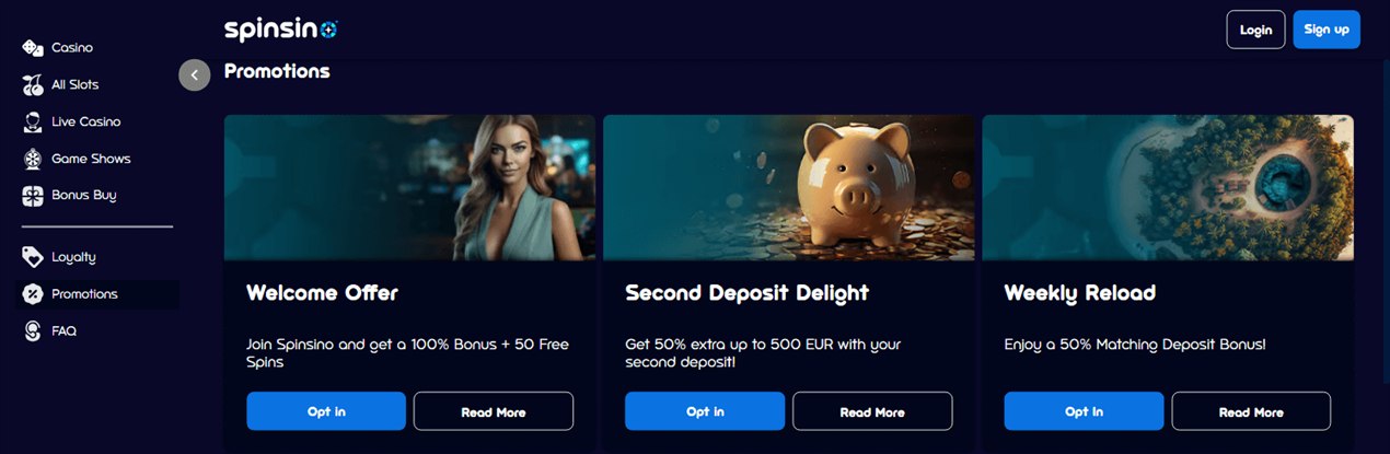 Spinsino promotions page with welcome offer and second deposit bonus