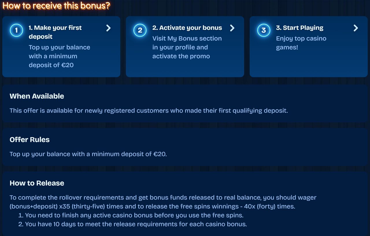 Dudespin welcome bonus terms showing 35x wagering on bonus plus deposit and 40x on free spin winnings