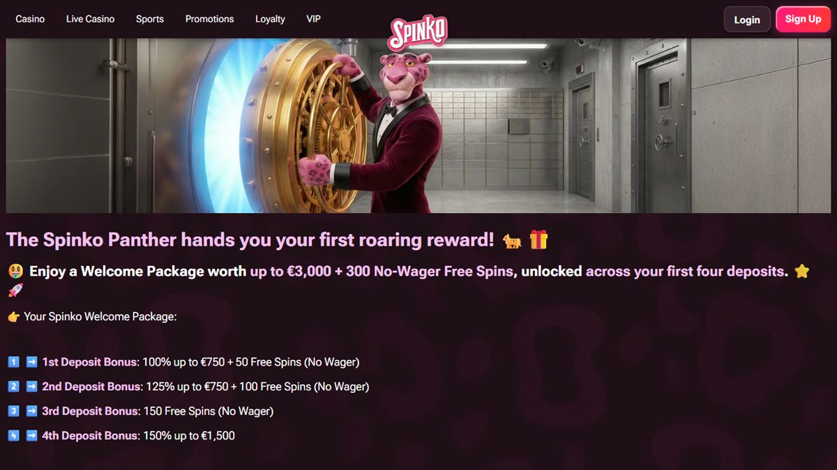20 free spins no deposit Canada: Spinko welcome package page offering up to €3,000 plus 300 no-wager free spins across four deposits
