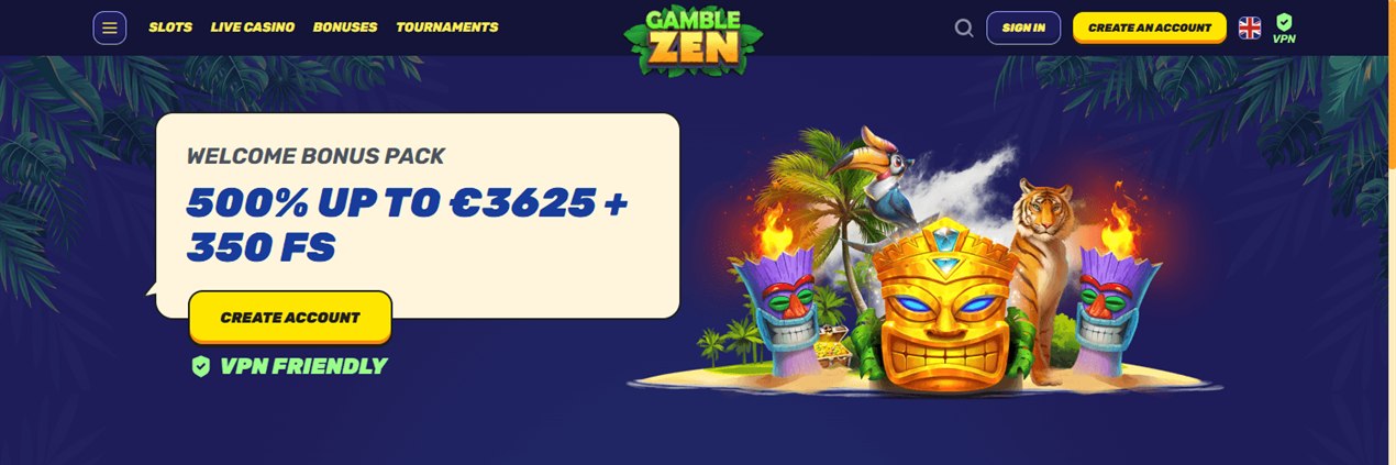 Gamblezen home page with its welcome bonus pack banner