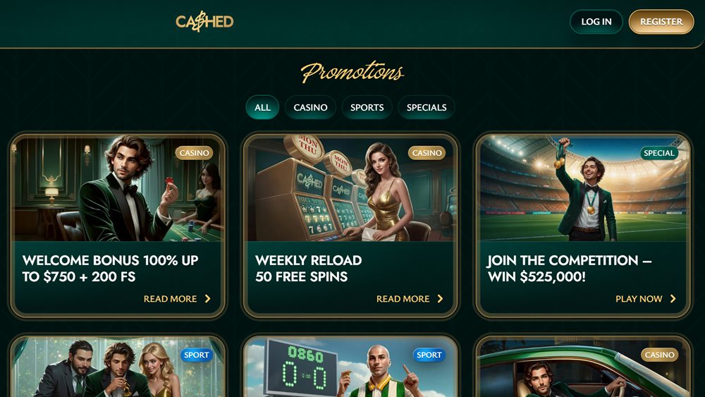 200 free spins no deposit Canada: Cashed casino promotions page with a welcome bonus up to $750 plus 200 FS and a weekly 50 free spins reload