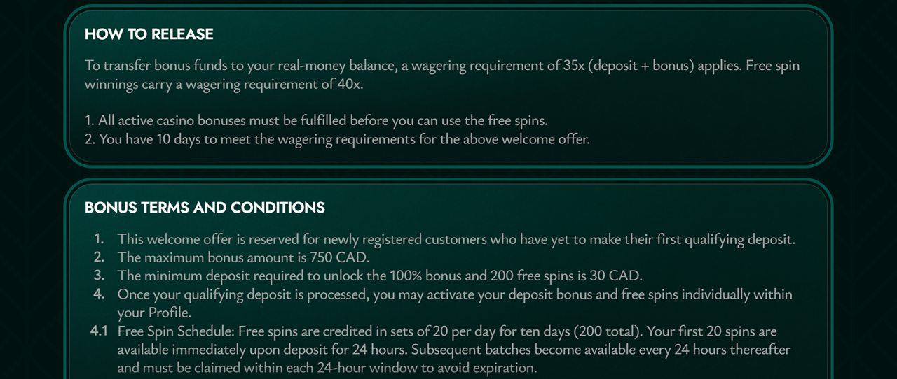 Cashed welcome bonus terms with 35x wagering, 40x on free spin winnings and 20 spins credited per day
