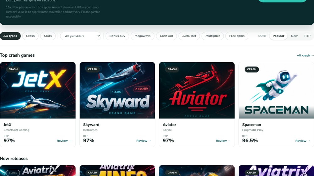 22Bet games page with the welcome bonus terms, the game filters and the top crash games JetX, Skyward, Aviator and Spaceman with their RTPs