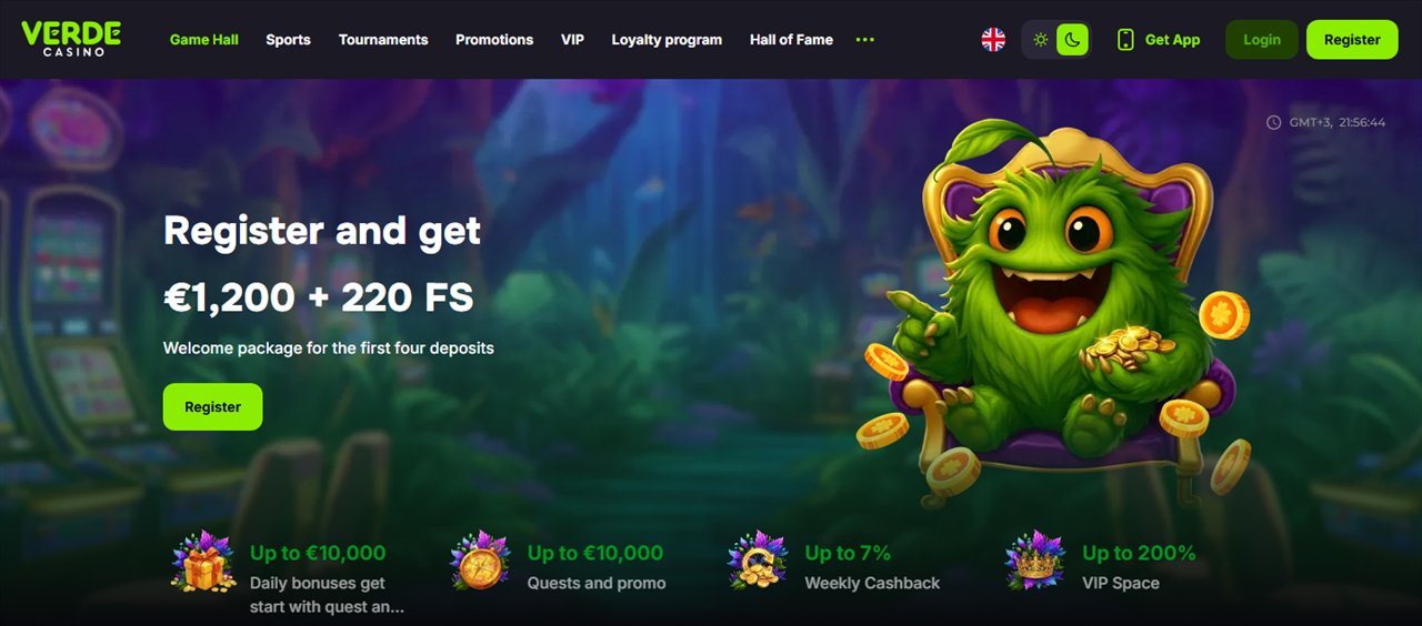 25 free spins no deposit Canada: Verde Casino home page offering a welcome package of 1,200 euros plus 220 free spins over the first four deposits