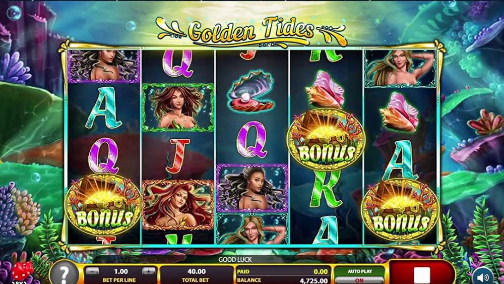 Golden Tides slot by 2By2 Gaming with mermaids and bonus pearls, found at 2by2 Gaming casinos Canada sites