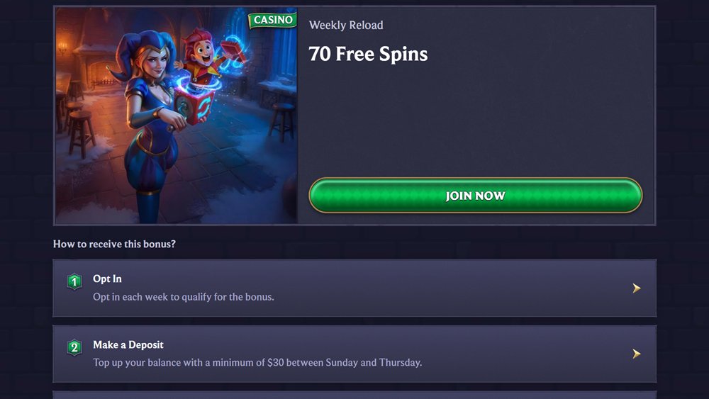 30 free spins no deposit Canada: LolaJack Canada Weekly Reload page: 70 Free Spins, Opt In step and a $30 minimum deposit step