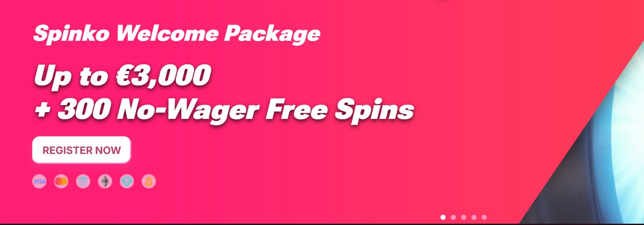 300 free spins no deposit Canada: Spinko casino homepage banner in pink with the text Spinko Welcome Package and 300 free spins