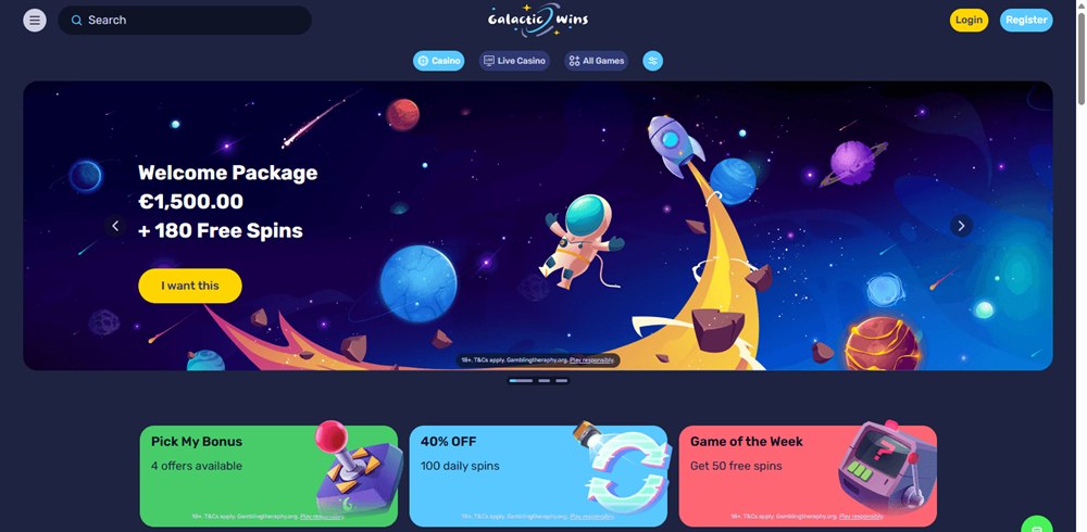 Galactic Wins casino lobby with its welcome package banner