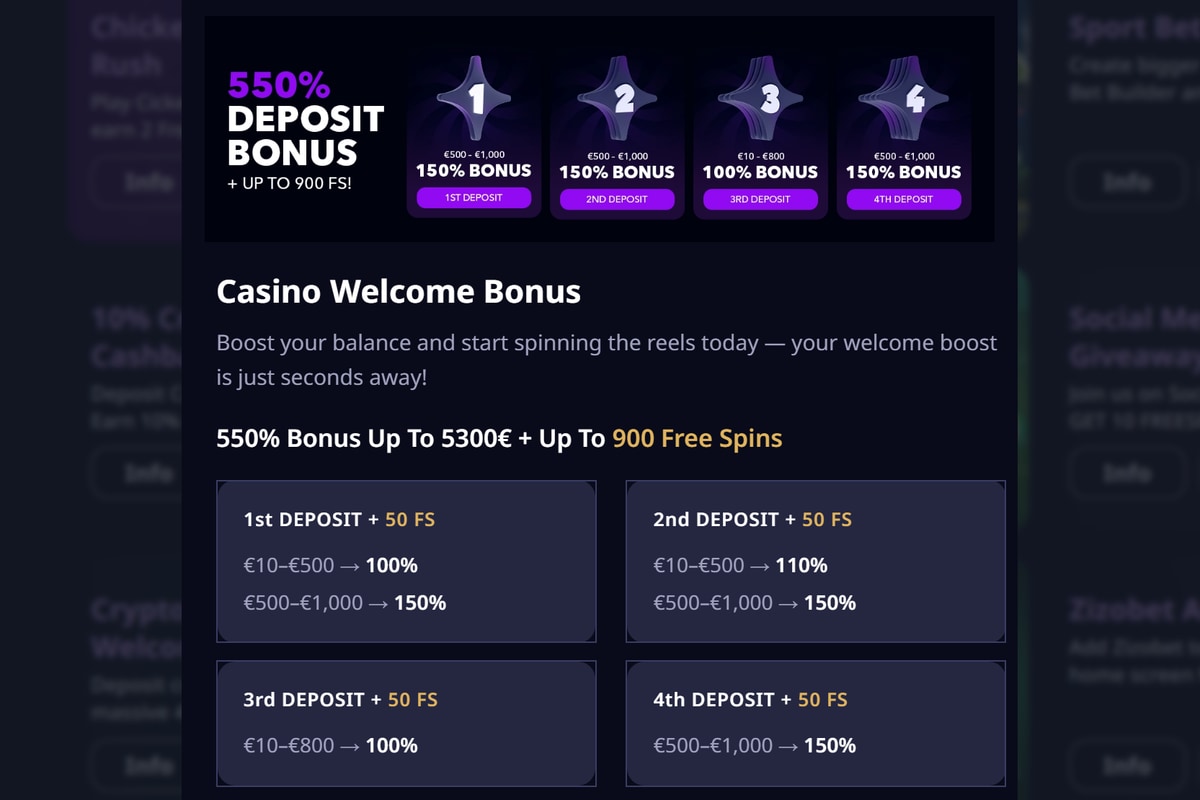 Zizobet casino welcome bonus window splitting a 550% package into four deposit matches of 100% to 150%