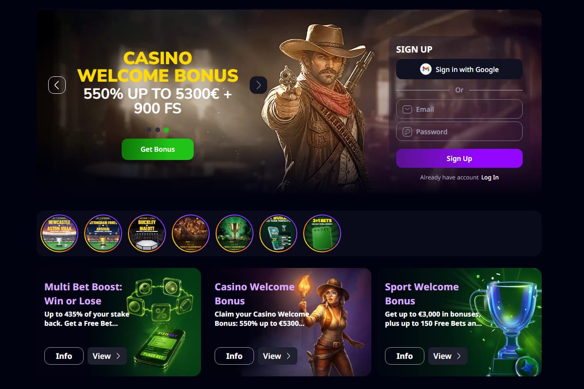 Zizobet homepage banner showing a 550% casino welcome bonus with 900 free spins, a step above a 500 deposit bonus casino Canada offer