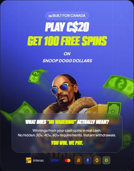 5bet Canada offer card: play C$20 and get 100 free spins on Snoop Dogg Dollars