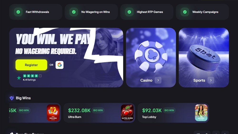 5bet Casino home screen with the no wagering banner, casino and sports tiles and big wins