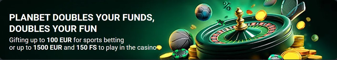 PlanBet welcome banner with roulette wheel art, a package to set beside 80 free spins Canada offers