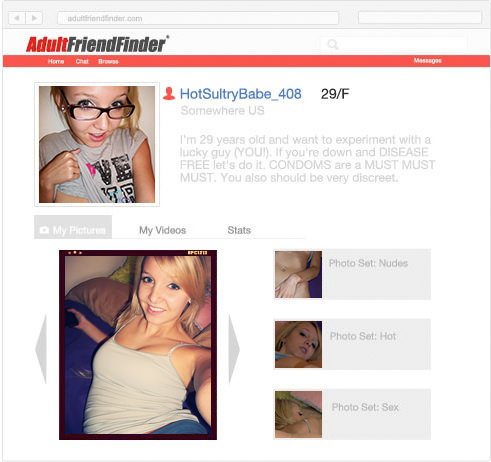 AdultFriendFinder sample profile page with photos and videos tabs, for this Adult Friend Finder review Canada