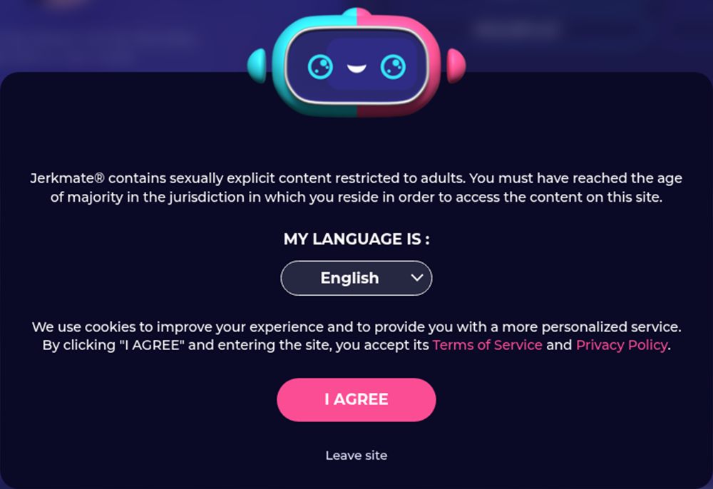 Jerkmate adults-only entry screen with the Jerky robot, the first check in our adult entertainment sex reviews