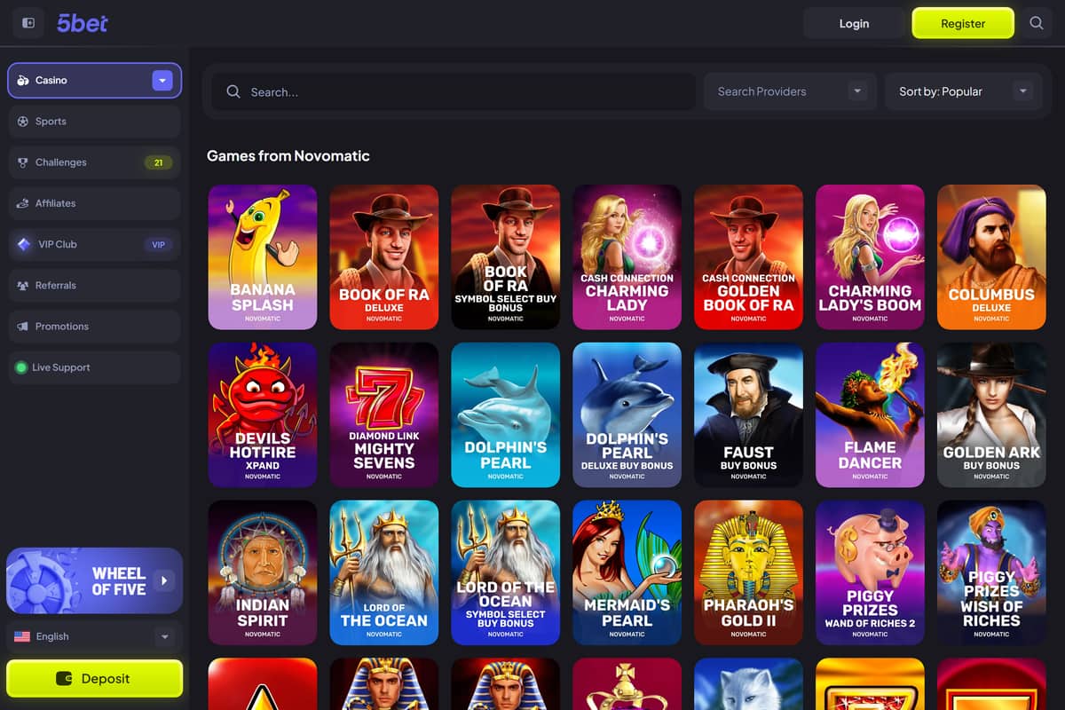 5bet slot lobby filtered to Novomatic, the majority owner of the studio behind the Ainsworth slots Canada players search for