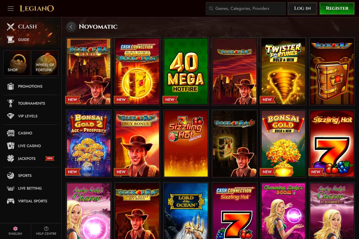 Legiano casino Novomatic provider page with classic Book of Ra, Sizzling Hot and Lord of the Ocean slot tiles