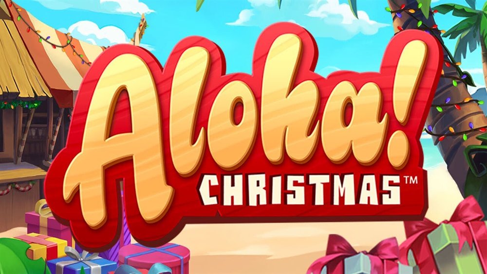 Aloha Christmas slot Canada key art with the NetEnt logo, beach huts and gifts