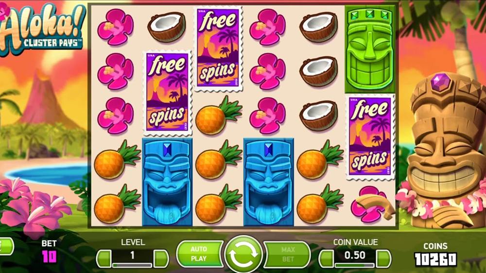 Aloha Cluster Pays slot Canada reels with tikis, pineapples and free spins symbols