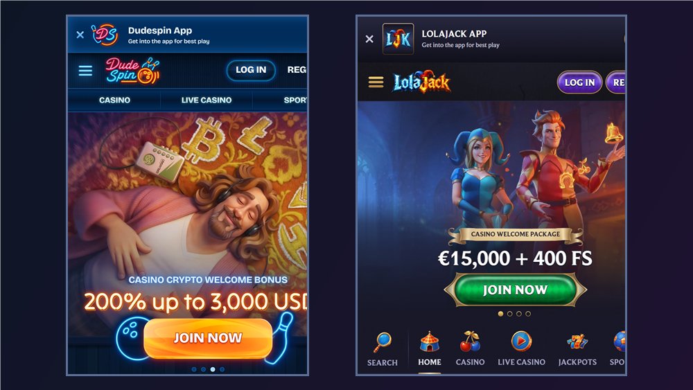 Dudespin and LolaJack mobile sites with their app prompts, two options for Android casino Canada players