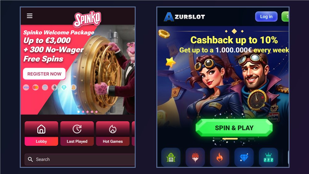 Spinko and AzurSlot mobile lobbies on Android-sized screens