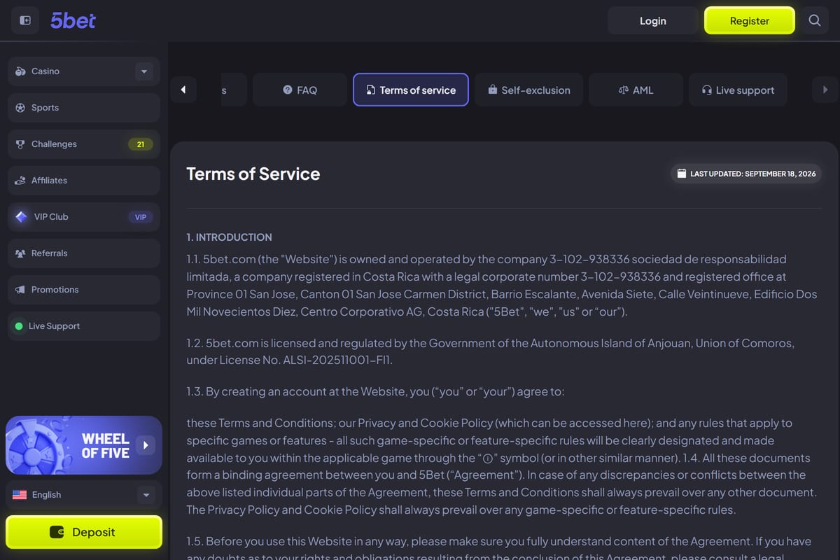 5bet Terms of Service clause 1.2 naming the Anjouan licence, an example of Anjouan licensed casinos Canada players can join