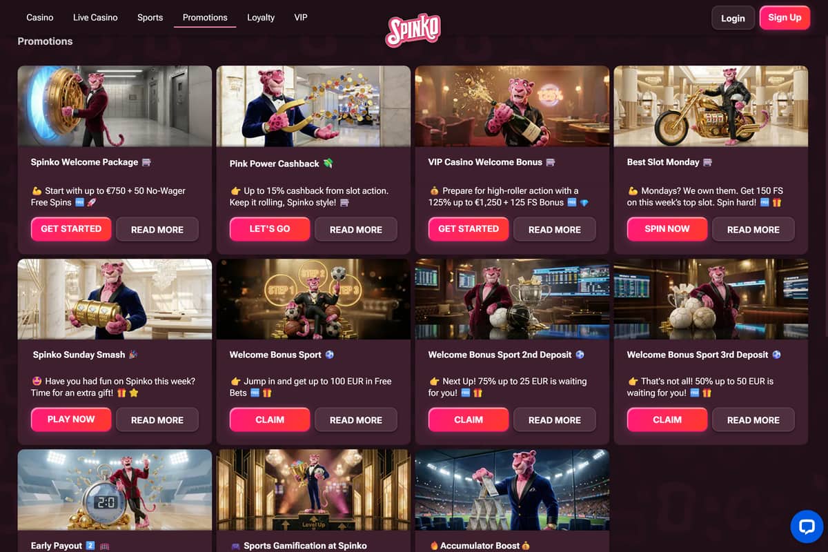 Spinko promotions page with a welcome package, slot cashback, a VIP bonus and weekly free spins side by side
