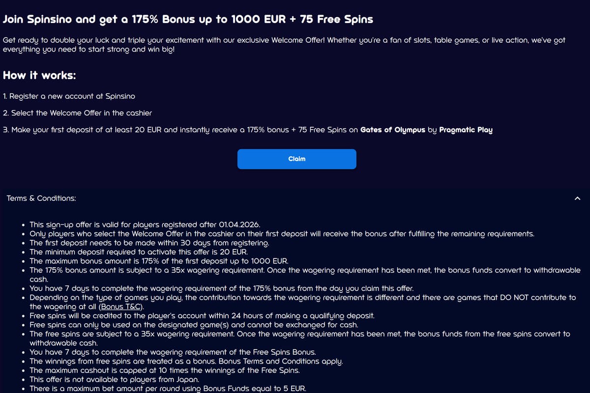Spinsino welcome terms with 35x wagering, a 7-day limit and a 5 EUR max bet, for anyone asking are casino bonuses worth it Canada