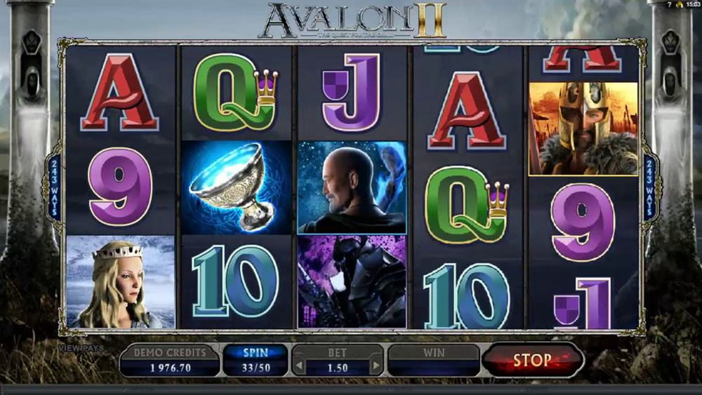 Avalon II slot Canada reels with the Holy Grail scatter, Guinevere and the Black Knight