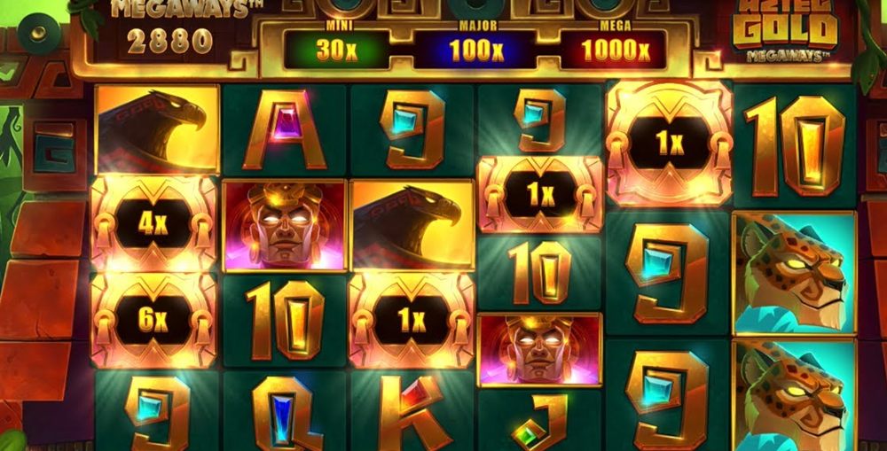 Aztec Gold Megaways slot Canada reels with the Megaways counter and the jackpot bar