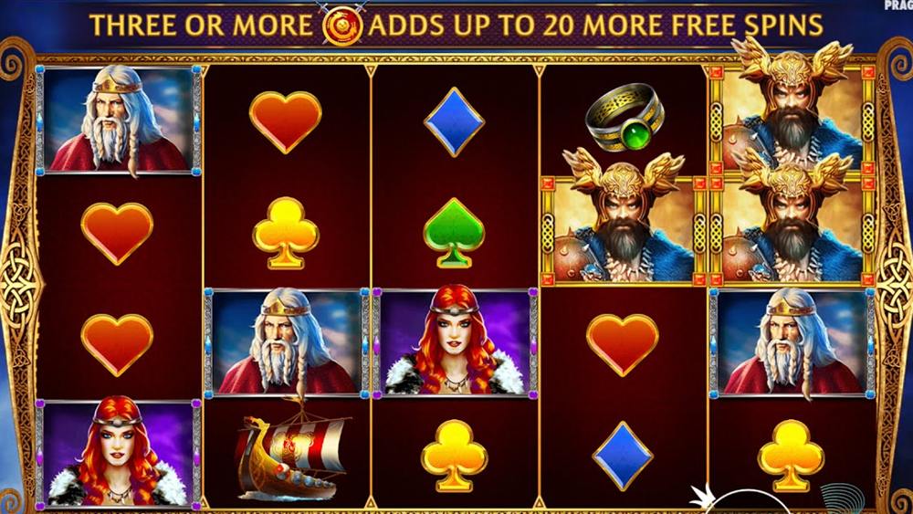 Beowulf slot Canada free spins screen with the shield retrigger banner and character symbols