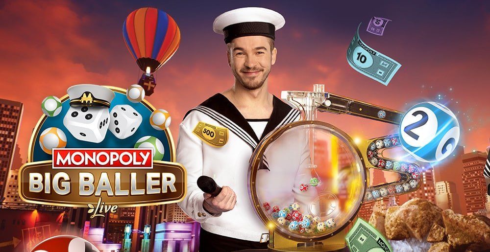 MONOPOLY Big Baller Live host beside the ball machine