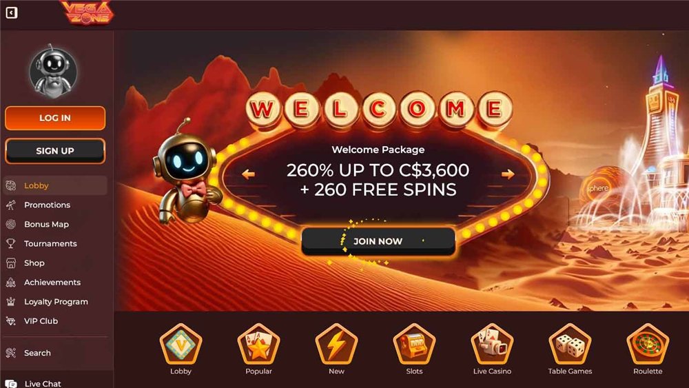 Vegazone casino lobby with its welcome package, one of the best payout online casinos Canada players can join