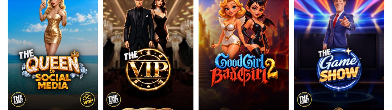 Betsoft game tiles for THE Queen of Social Media, THE VIP, Good Girl Bad Girl 2 and THE Game Show