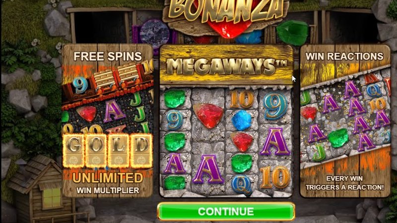 Bonanza intro screen listing free spins, Megaways and win reactions