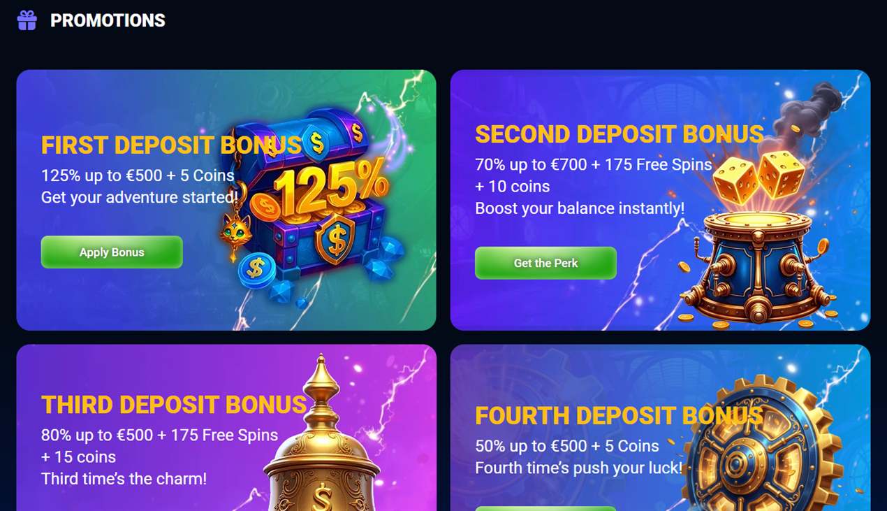 AzurSlot promotions page with four deposit bonus cards