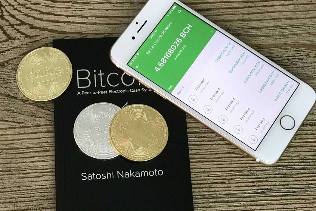 Bitcoin Cash wallet app showing received BCH payments next to coins and the Bitcoin white paper